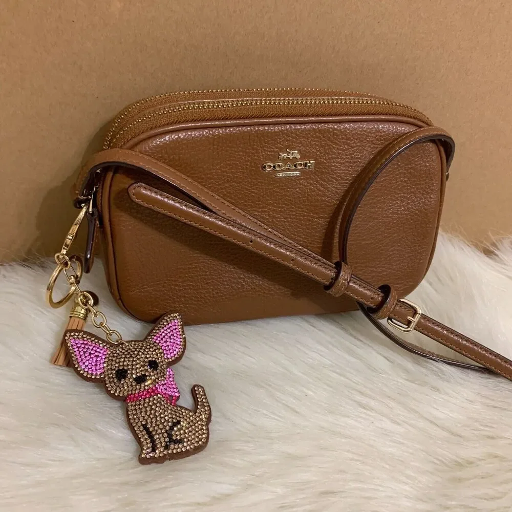 CHIHUAHUA Dog Key Ring Fob Clip on Plush Purse Charm Rhinestones Bling Brown